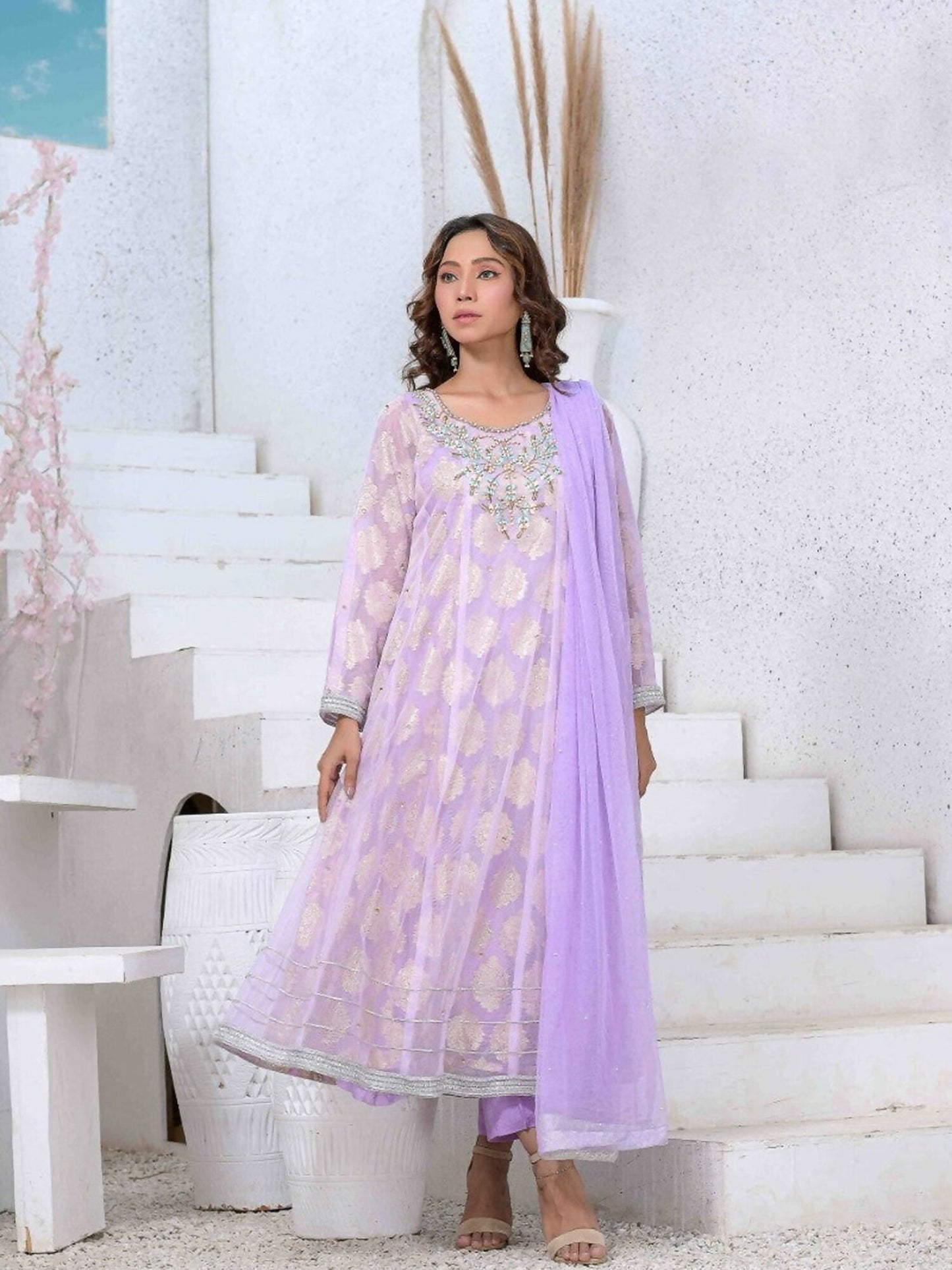 Ruby's Couture Ashiyana Net & Jacquard Embroidered Stitched 3-Piece Suit-Annika