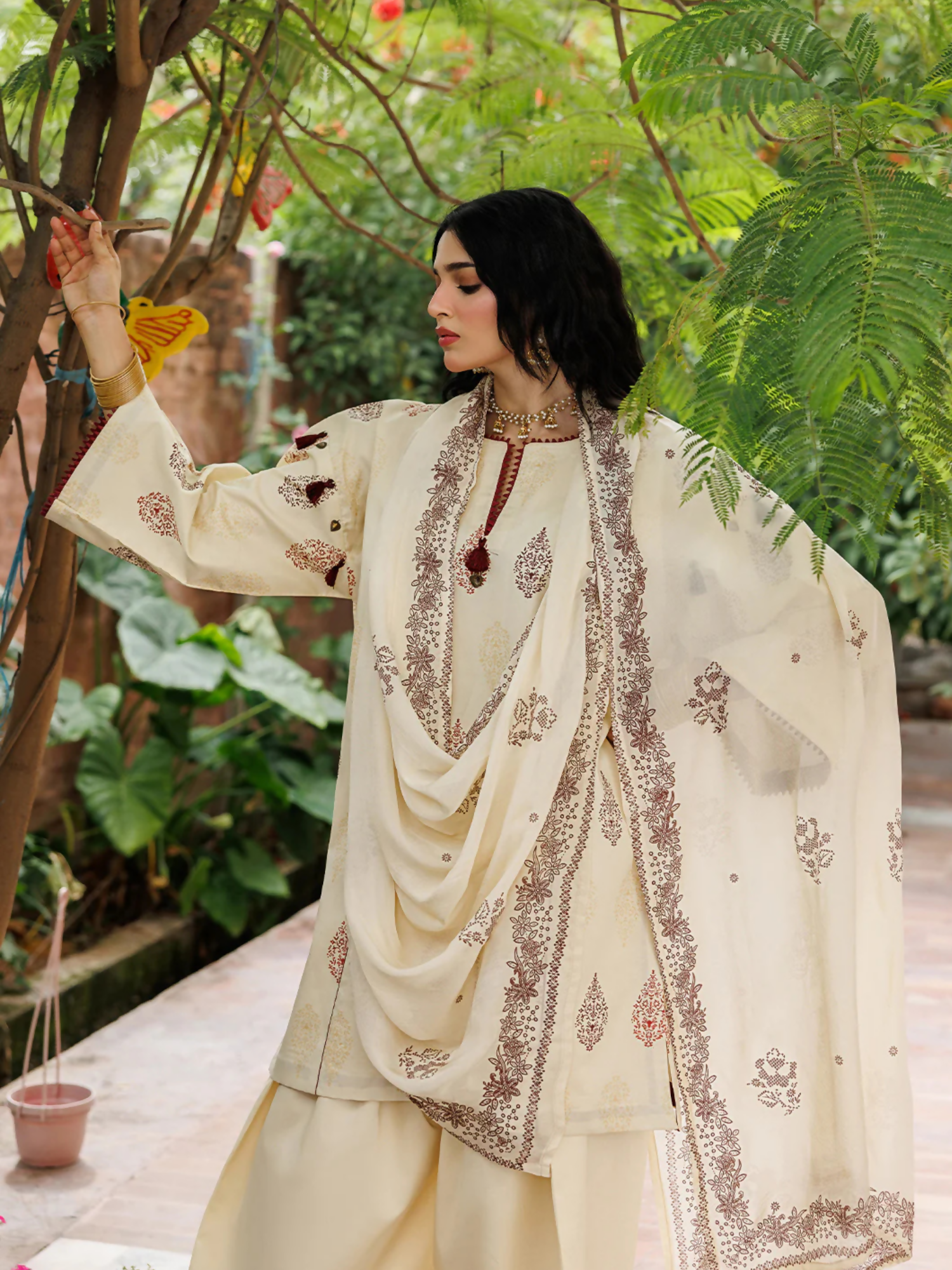 Cream Panache Apparel Noor Mahal Cotton Printed Stitched Suit-Razeen