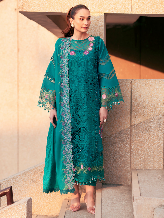 Unstitched 3-piece embroidered suit with richly embroidered front, embroidered voile dupatta, and dyed plain cambric trouser.