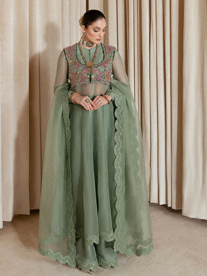 Hussain Rehar – Sea Green Organza Peshwas with Embellished Waistcoat and Scalloped Organza Dupatta
