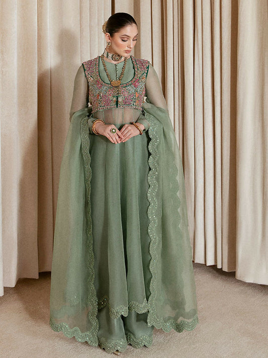 Hussain Rehar – Sea Green Organza Peshwas with Embellished Waistcoat and Scalloped Organza Dupatta
