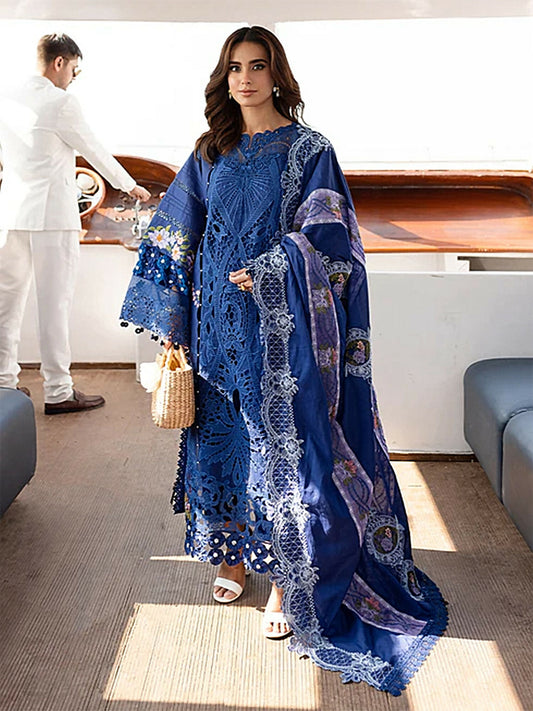 Unstitched 3-piece suit with embroidered lawn front and sleeves, embroidered neckline and daman, embroidered monark dupatta, and dyed cambric trouser, ideal for elegant summer wear.