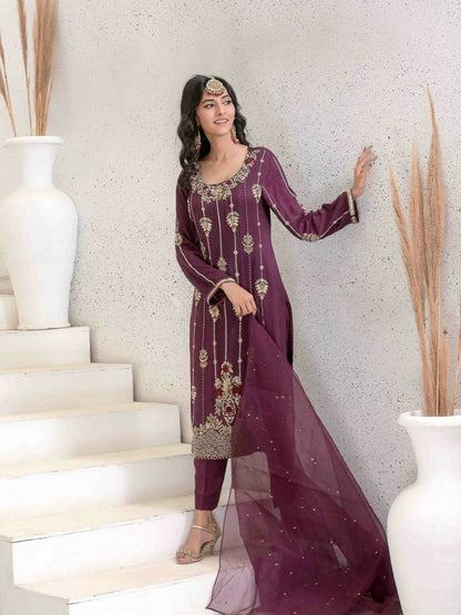 Ruby's Couture Ashiyana Pure Silk Embellished Stitched 3-Piece Suit-Parizaad