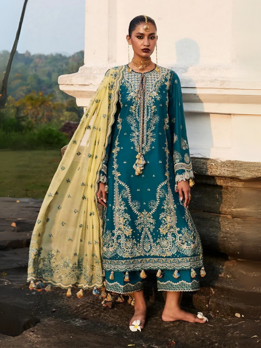 Teal Blue Hussain Rehar Luxury Lawn Embroidered Unstitched 3-Piece Suit-Eupic