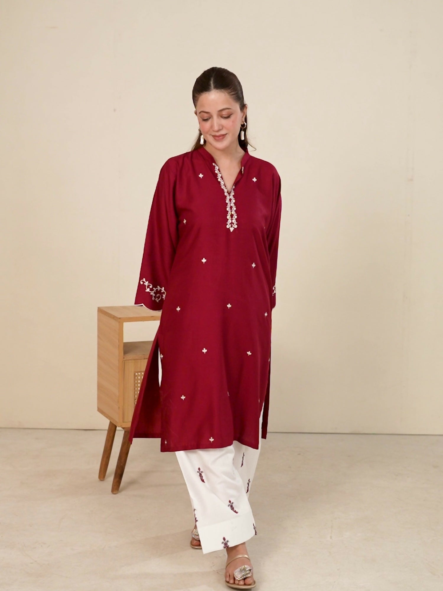 Stylish Collection Whisper Pret Linen Embroidered Stitched 2-Piece Suit-Claret