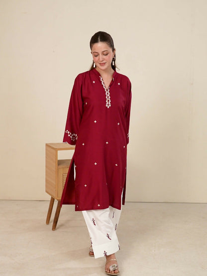 Stylish Collection Whisper Pret Linen Embroidered Stitched 2-Piece Suit-Claret
