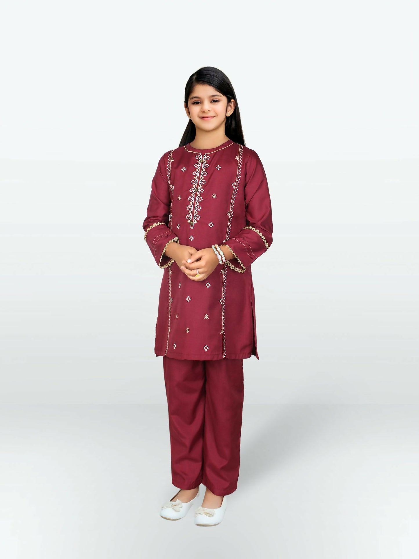 Deep Maroon Velvour Girls Embroidered Stitched 2-Piece Suit-VG87-C