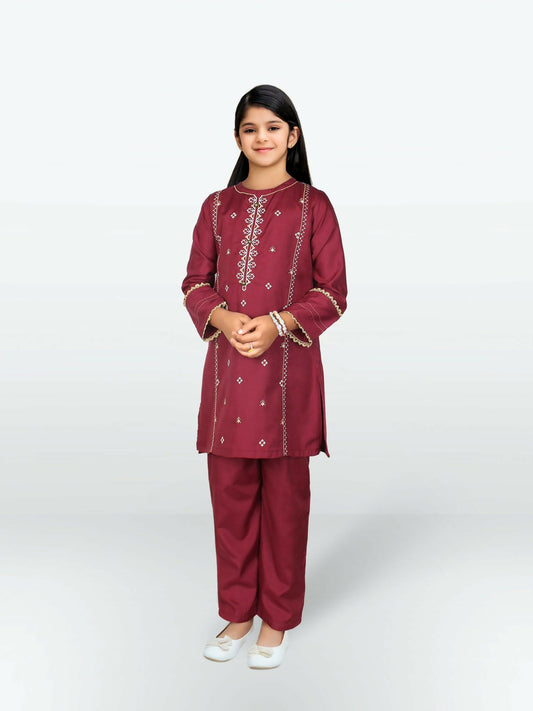 Deep Maroon Velvour Girls Embroidered Stitched 2-Piece Suit-VG87-C