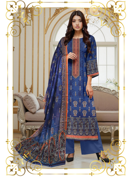 Girl standing wearing an unstitched 3-piece suit with premium printed lawn shirt, slub voile dupatta, and dyed cotton trouser, suitable for timeless everyday style.