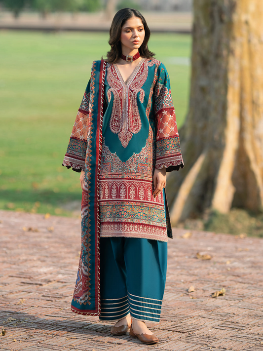 3-piece digital printed unstitched suit with embroidered neckline and dual daman laces, chiffon dupatta, and cotton trouser.