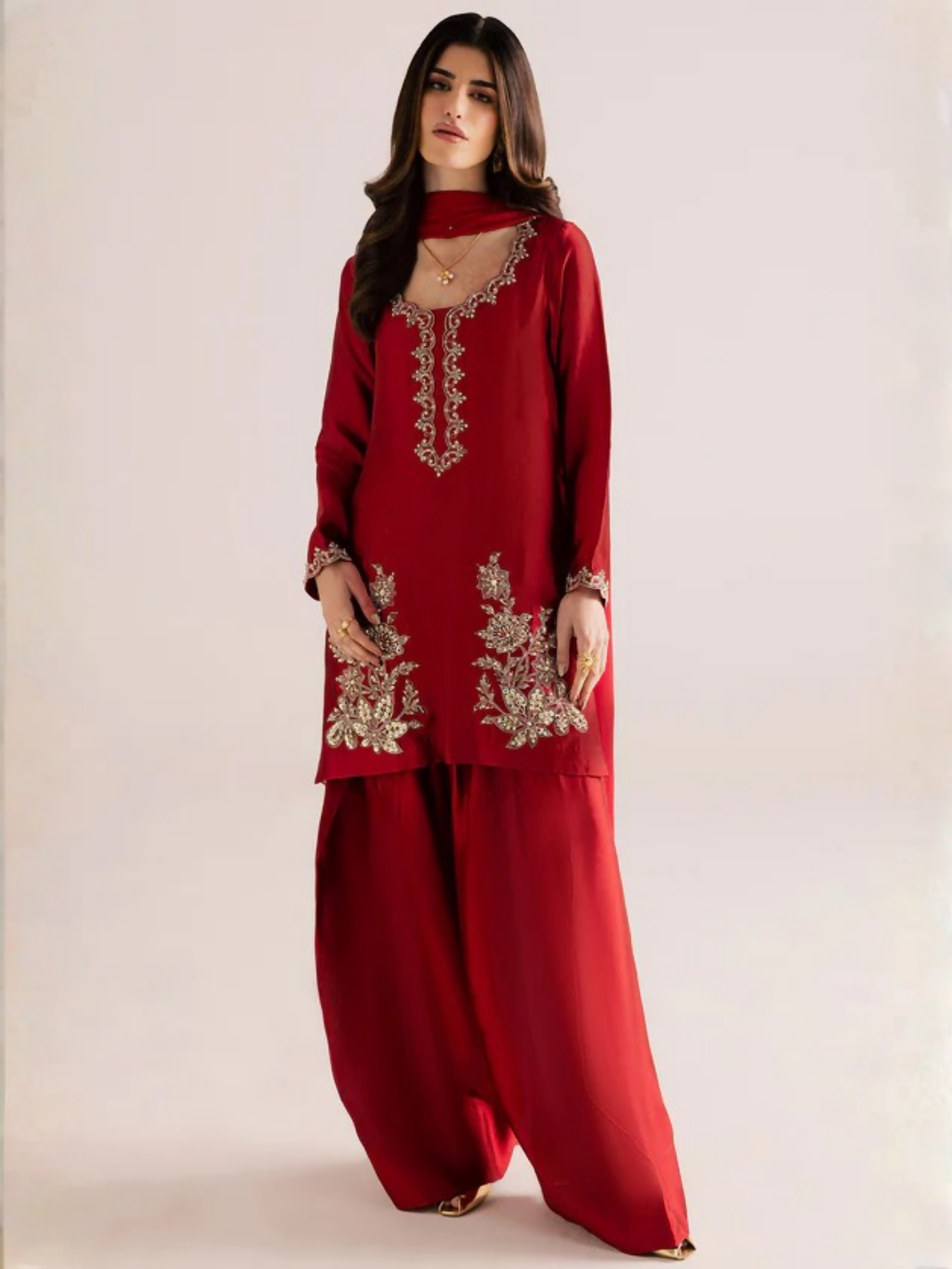 Allure By IH Silver Night Tussel Silk Embroidered Stitched 3-Piece Suit-Rose Wood