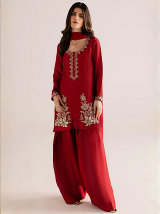 Allure By IH Silver Night Tussel Silk Embroidered Stitched 3 Piece Suit Rose Wood