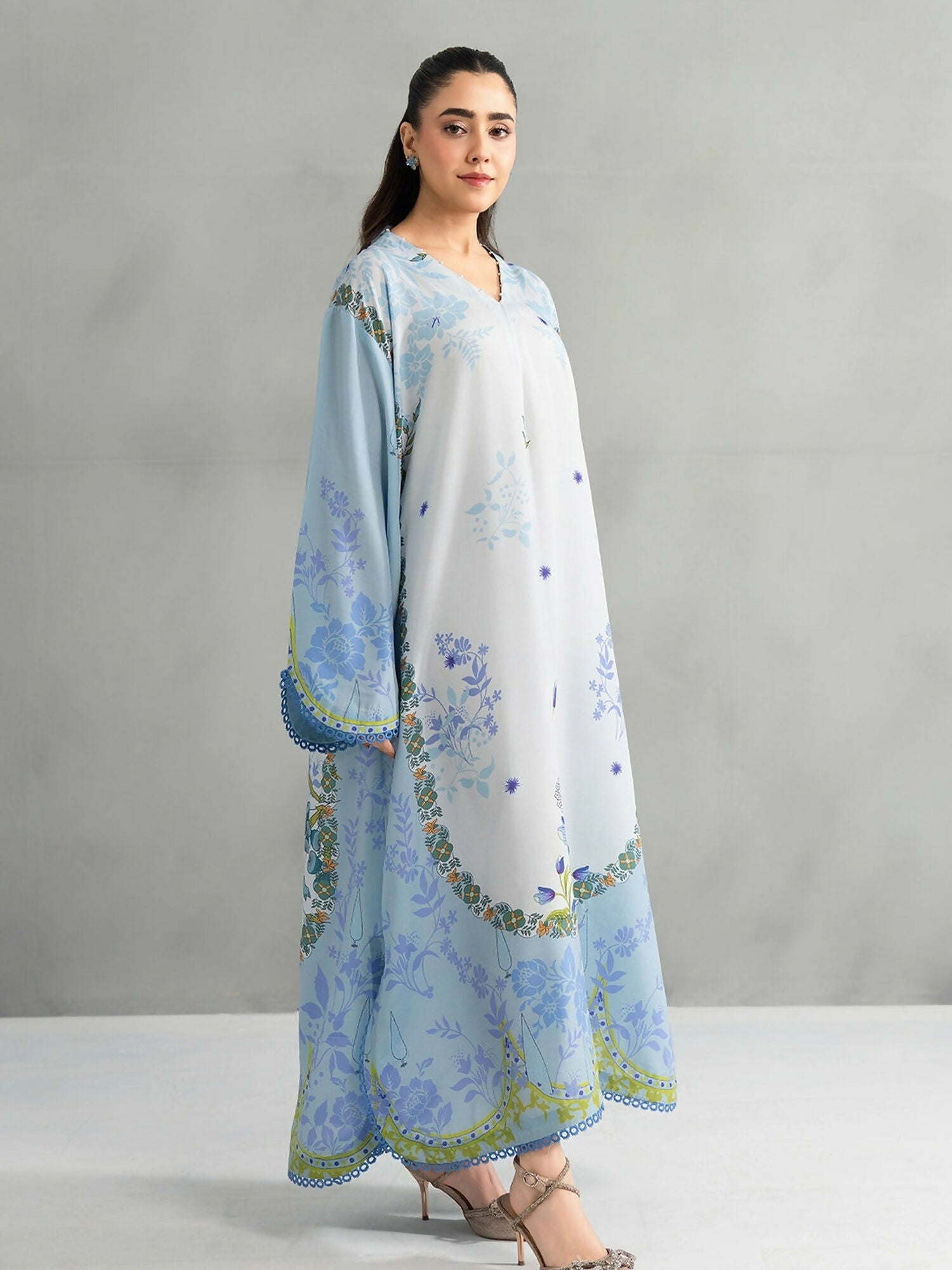Panache Apparel Dear Summer Silk Lawn Printed Kaftan-Blue Whisper