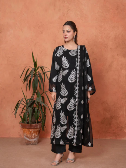 Stylish Collection Majeste Crinkle Chiffon Embroidered Stitched 3-Piece Suit-Zirwah Black
