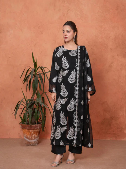 Stylish Collection Majeste Crinkle Chiffon Embroidered Stitched 3-Piece Suit-Zirwah Black