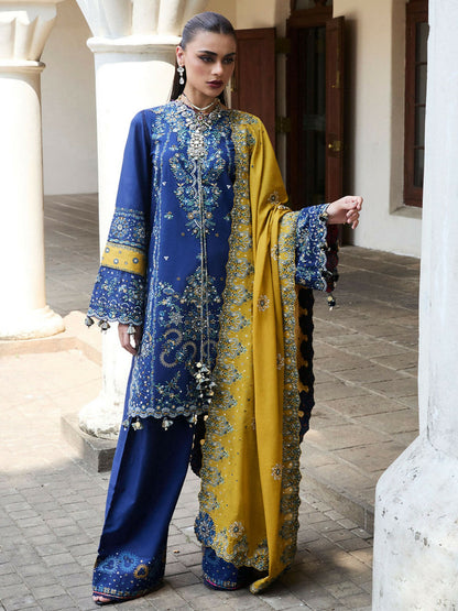 Dark Blue Hussain Rehar Luxury Lawn Embroidered Unstitched 3-Piece Suit-Riviera