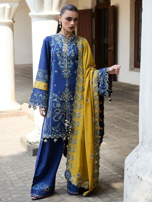Dark Blue Hussain Rehar Luxury Lawn Embroidered Unstitched 3-Piece Suit-Riviera