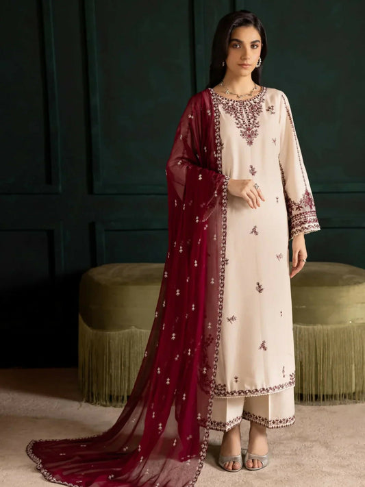 Stylish Collection Royal Pret Linen Embroidered Stitched 3-Piece Suit-Lvory Rua