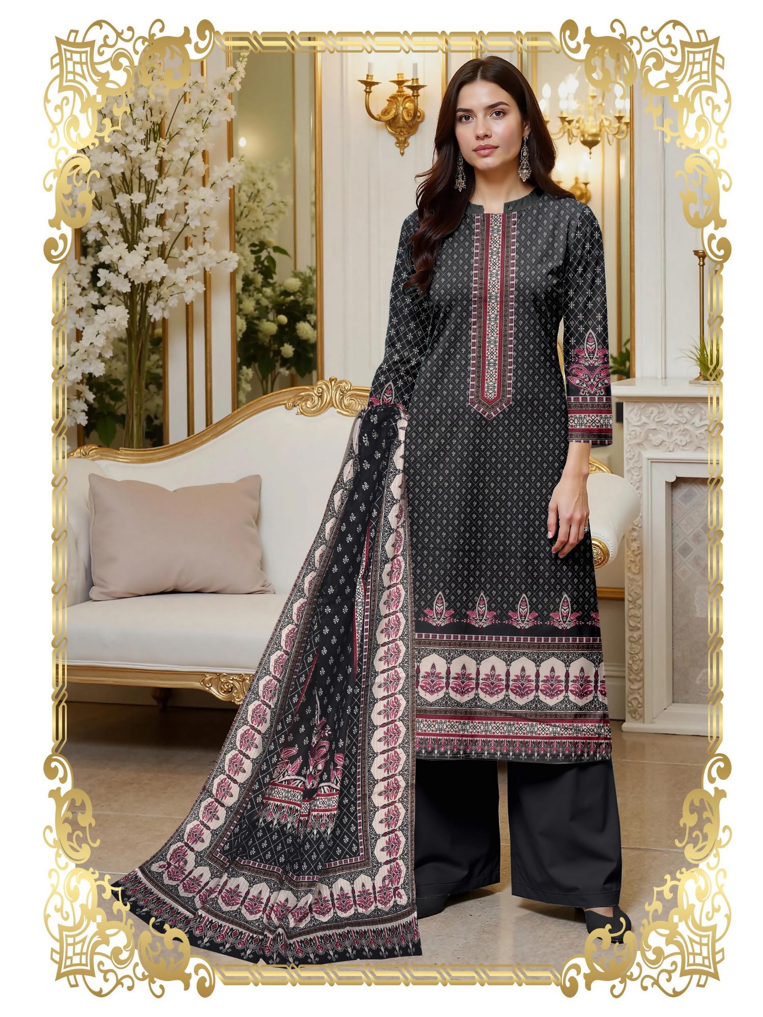 Girl standing in an unstitched 3-piece suit with premium printed lawn shirt, slub voile dupatta, and dyed cotton trouser, designed for seasonal comfort and elegance
