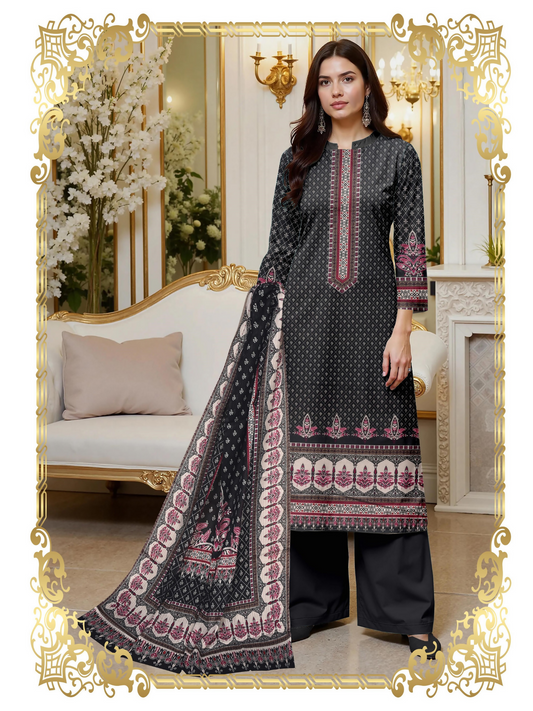 Girl standing in an unstitched 3-piece suit with premium printed lawn shirt, slub voile dupatta, and dyed cotton trouser, designed for seasonal comfort and elegance