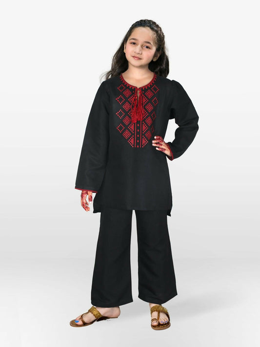 Black and Red Velvour Girls Embroidered Stitched 2-Piece Suit-VG125-B