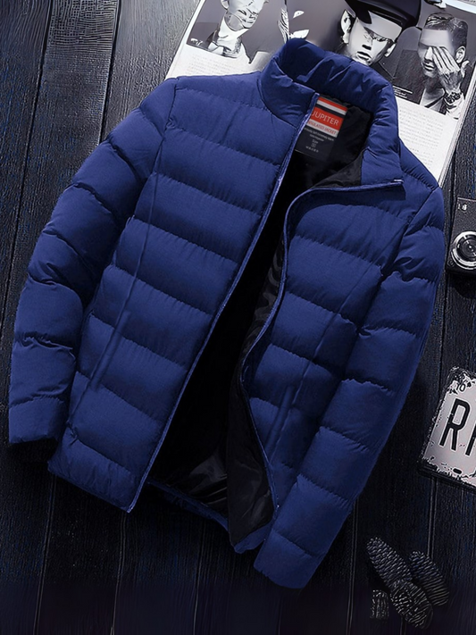 Jupiter Padded Puffer Jacket – Lightweight polyester with padded baffles, full zip closure, funnel neck, and front zip pockets. Warm, stylish winter jacket with 100% polyester fabric, lining, and insulation.