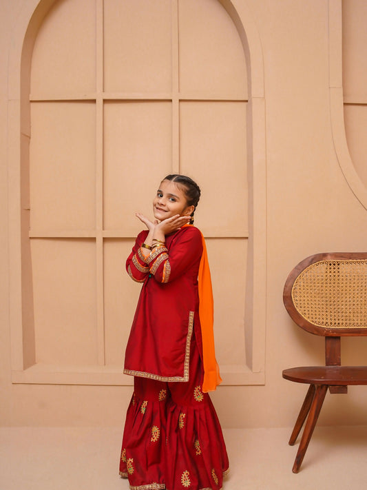 Kidoz Kloset Cotton Silk Embroidered Stitched 3-Piece Suit-Amber Mirage Gharara-Girl