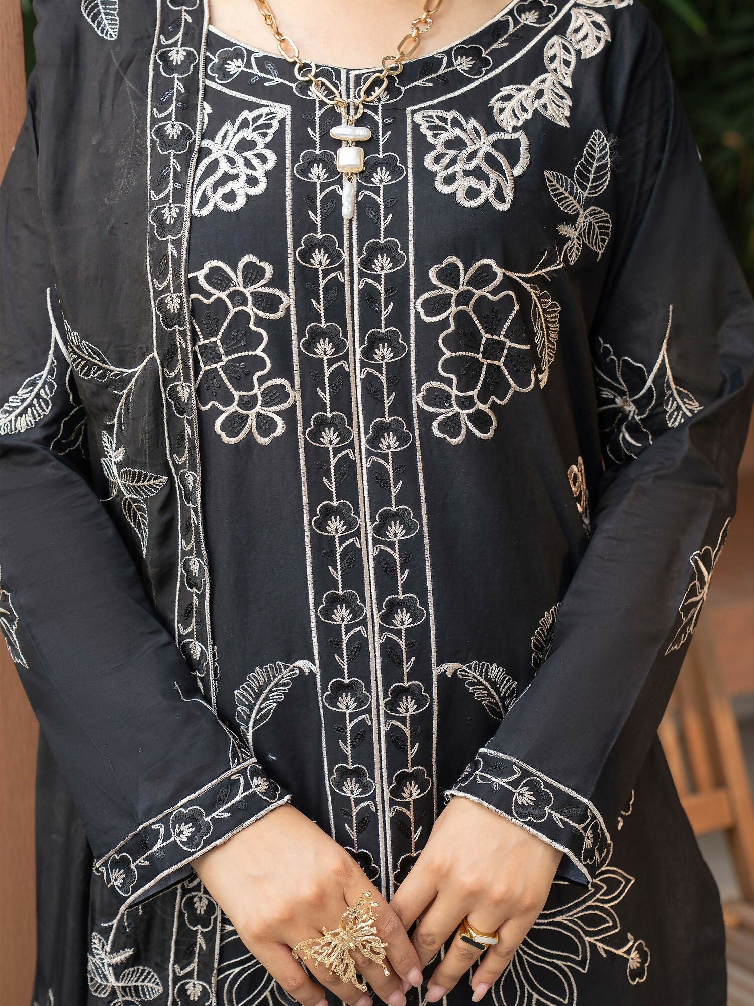 Panache Apparel Solid Story Cotton Lawn Embroidered Stitched Suit-Rhea