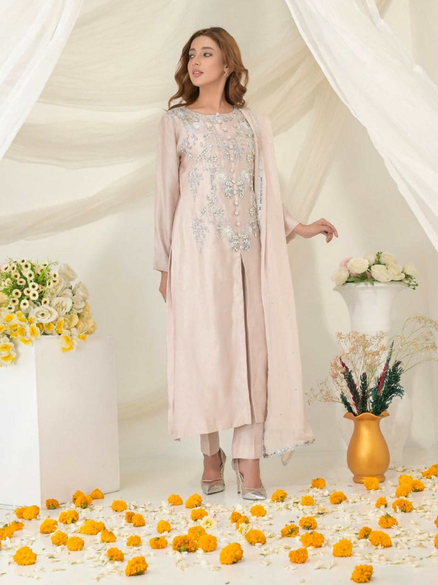 Ruby's Couture Gul-Bahar Khadi Embroidered Stitched 3-Piece Suit-Doodh Dulari