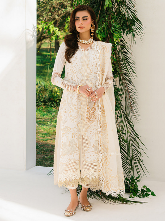 Classic embroidered lawn outfit with organza motifs and cotton trouser, paired with an embellished dupatta