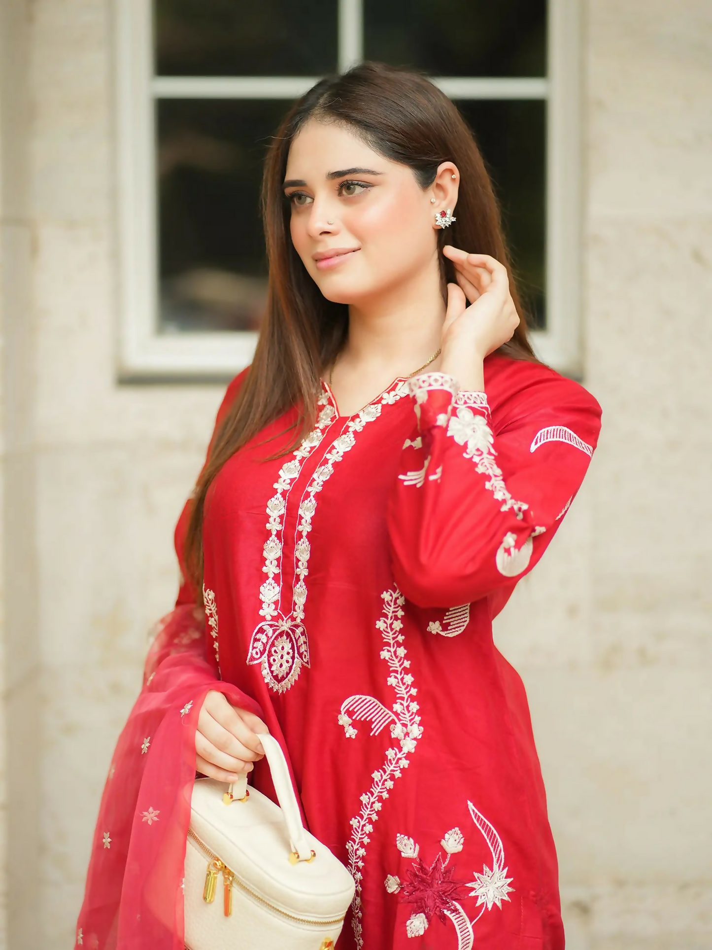 Zeephire Cotton Embroidered Stitched 3-Piece Suit-Red Reverie