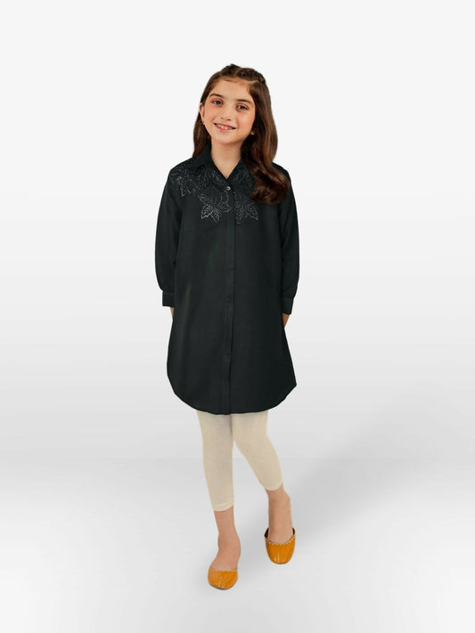 Midnight Black Velvour Girls Embroidered Stitched Kurti Tunic-VG80-B