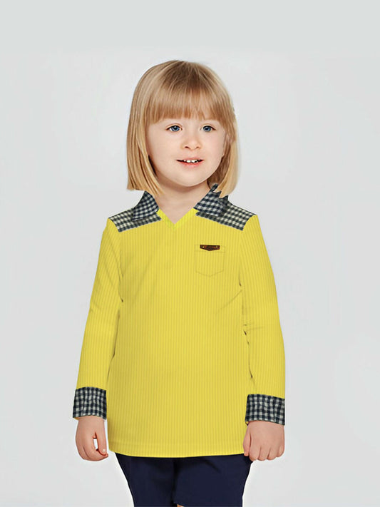 Girls' long-sleeve navy check cotton shirt with contrast collar and cuffs, featuring a chest pocket with badge.