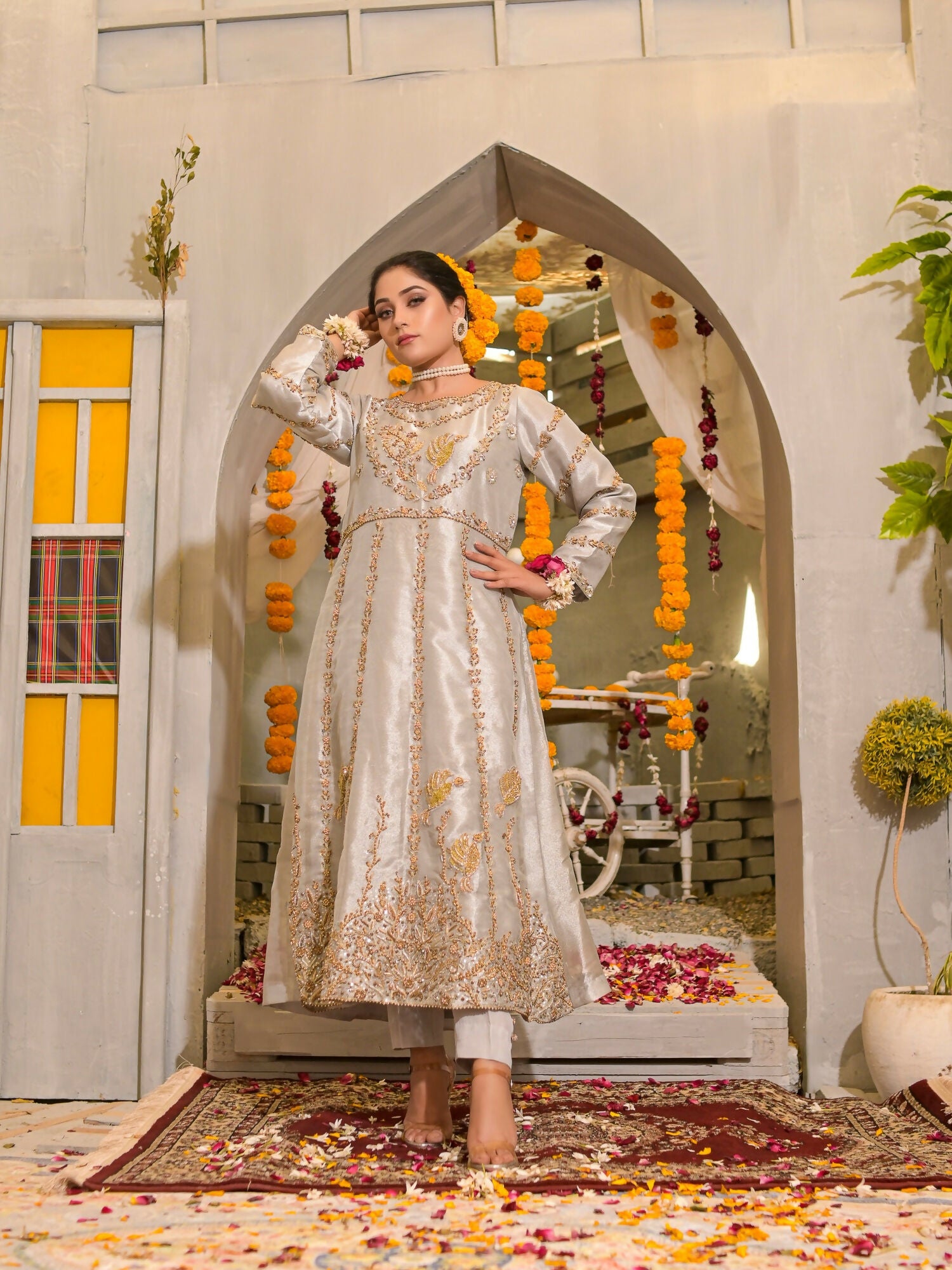 Ruby's Couture Poshak Plain Tissue Embellished Stitched 3-Piece Suit-Deewani