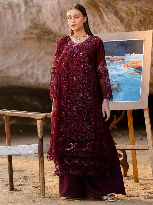 Unstitched 3-piece lawn suit from Mahnur Sirene collection with embroidered shirt, chiffon dupatta, dyed trouser, and lining fabric.