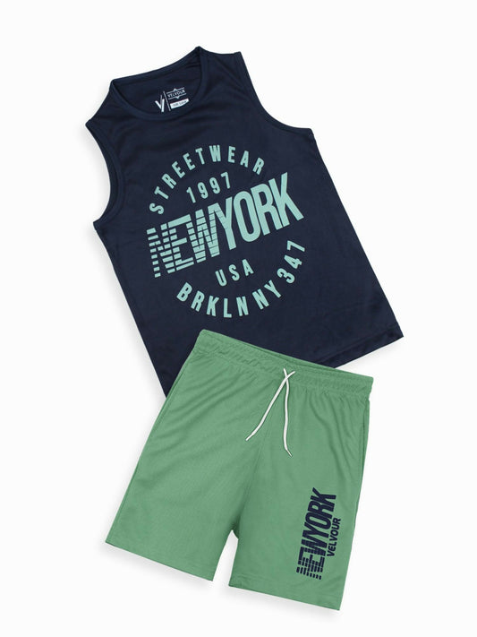 Navy and Green Velvour Boys & Girls Printed Track Suit-VST58-C