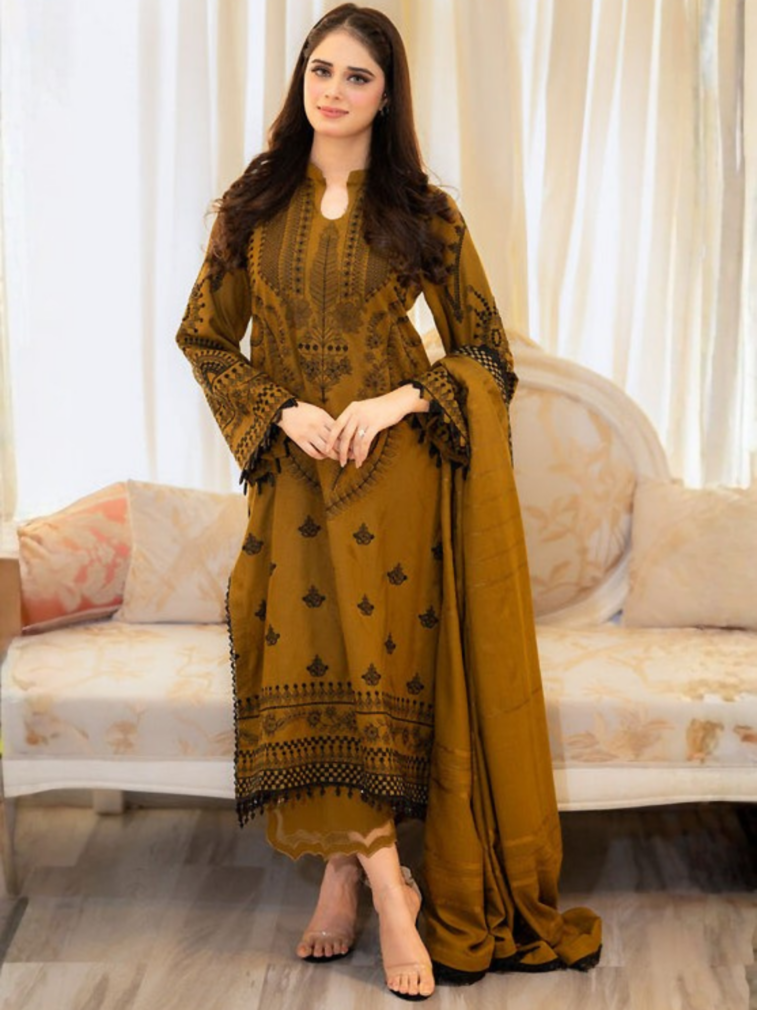 Tawakal Closet Linen Embroidered Stitched 3-Piece Suit-Zaitoon