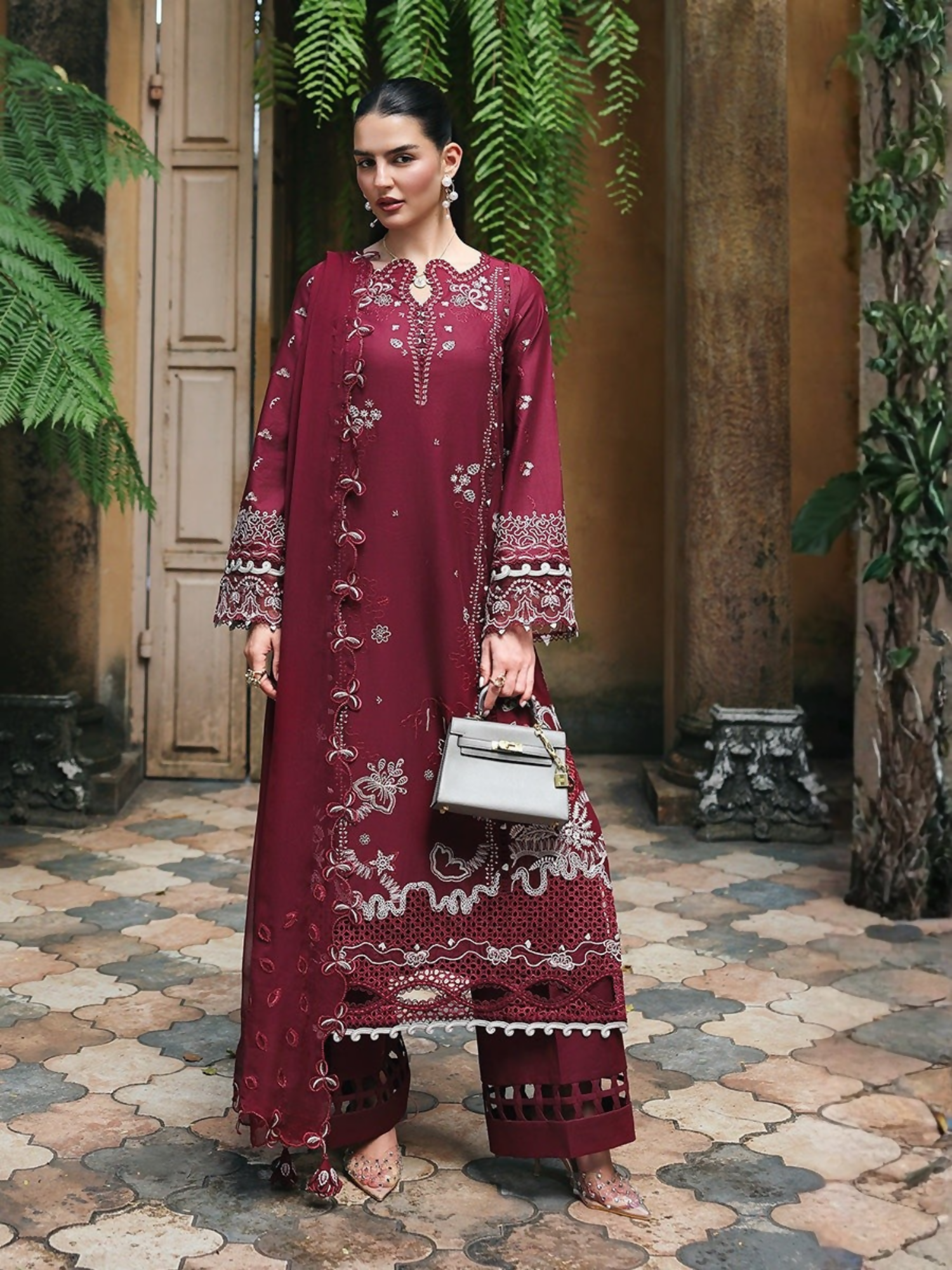 Qalamkar Qline Lawn Drop-1 Embroidered Unstitched 3-Piece Suit-RP-12-Garnet