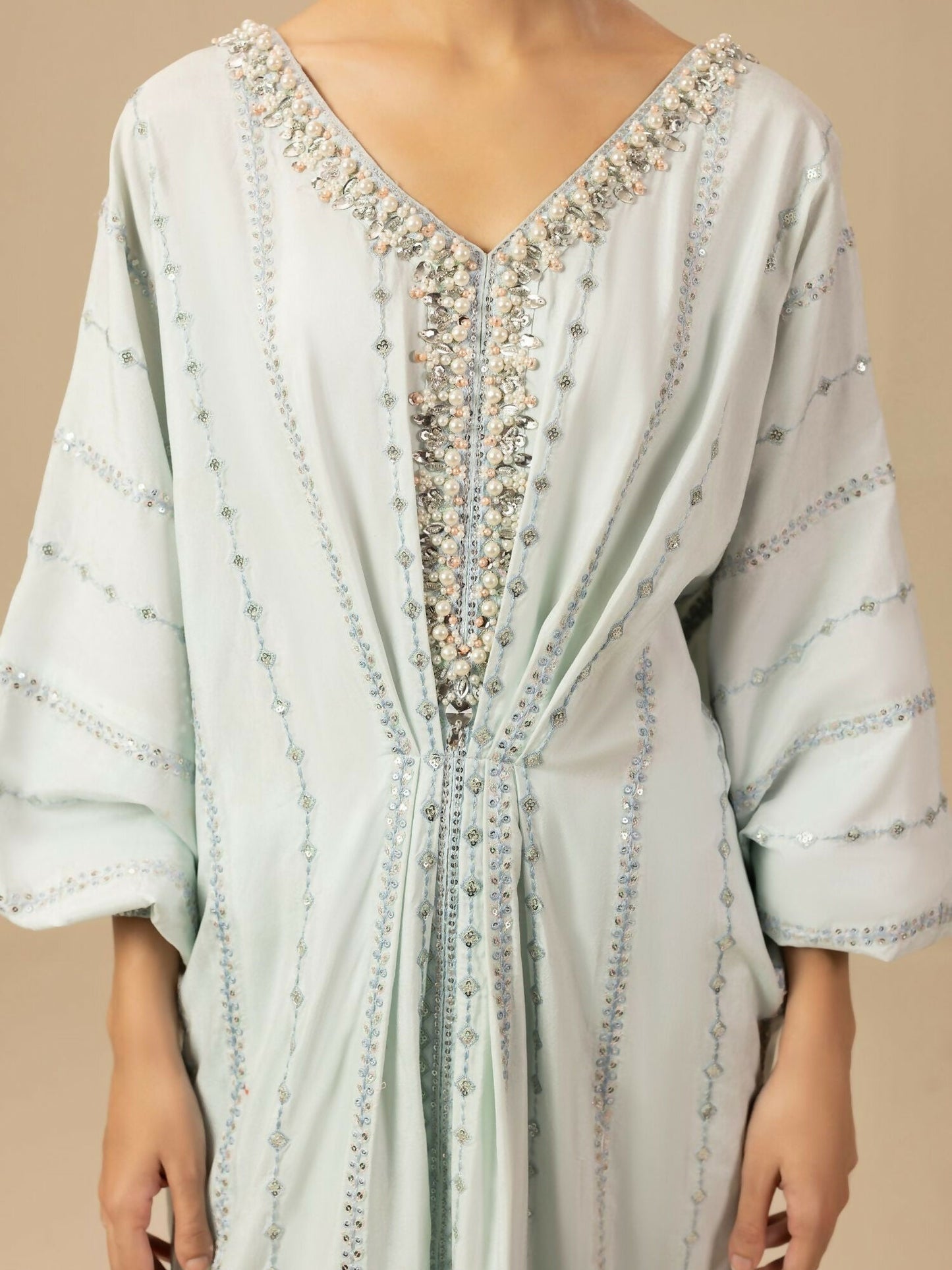Shurooq Garden Of Dreams Silk Embroidered Kaftan Set-Frost