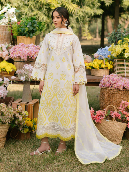 Parishay embroidered lawn front with intricate neckline and borders – stitched 3-piece suit