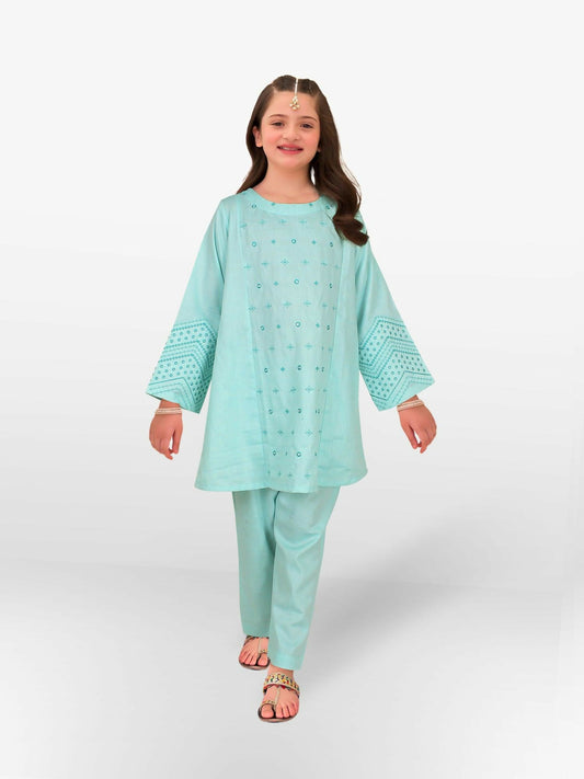 Aqua Blue Velvour Girls Embroidered Stitched 2-Piece Suit-VG102-A