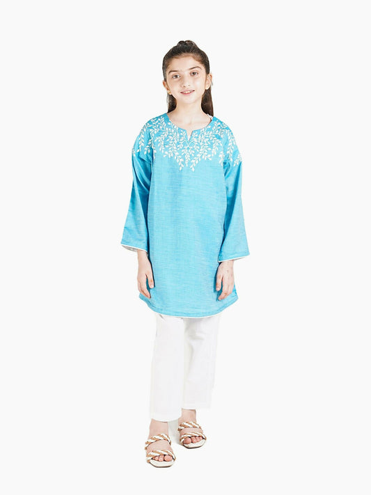 Summer cotton stitched designer kurti with full sleeves for girls aged 2–13; top only, trouser not included.