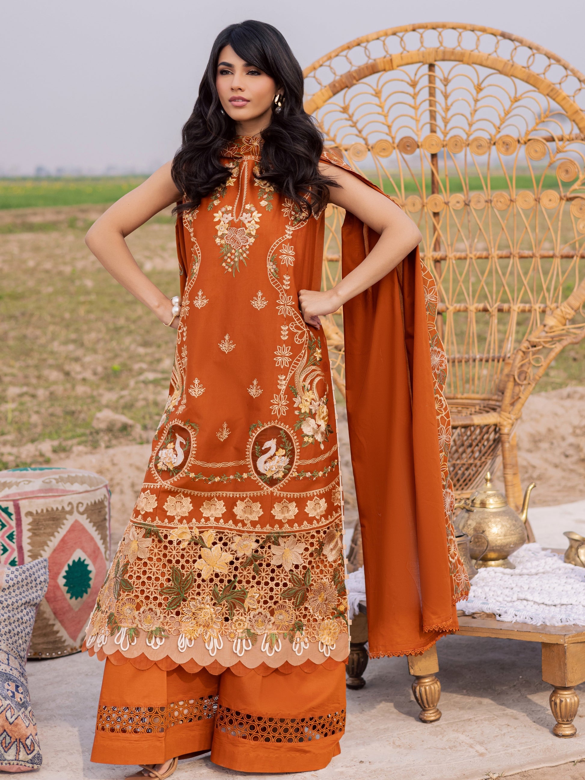 Orange-Parishay Dil e Raqsam Lawn'26 Embroidered Unstitched 3-Piece Suit-DQ-03