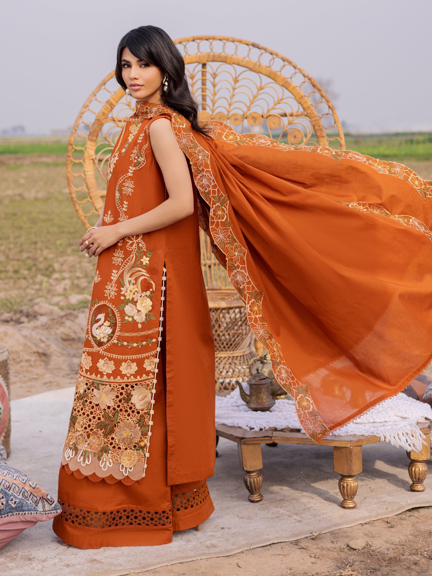 Orange-Parishay Dil e Raqsam Lawn'26 Embroidered Unstitched 3-Piece Suit-DQ-03