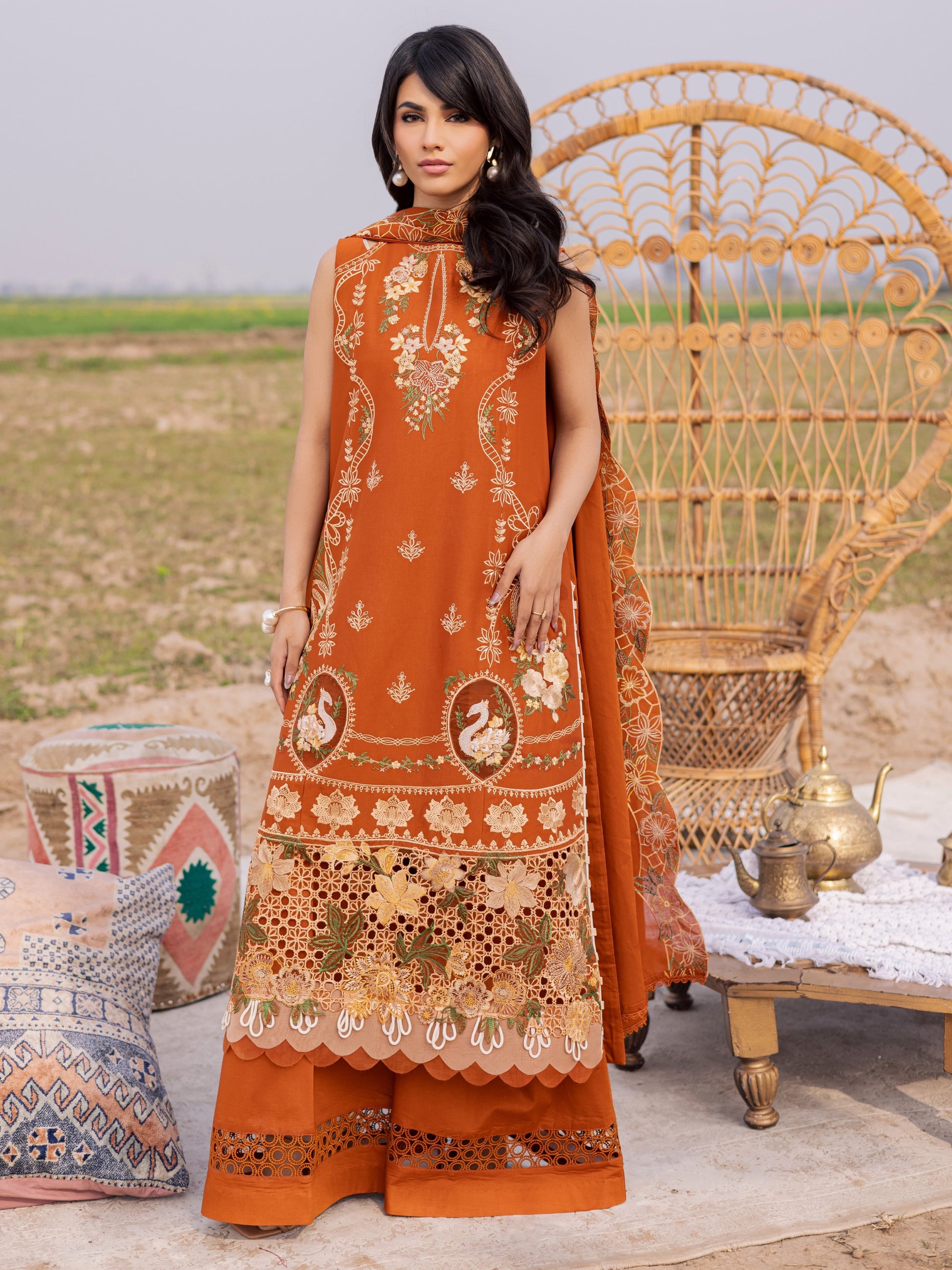 Orange-Parishay Dil e Raqsam Lawn'26 Embroidered Unstitched 3-Piece Suit-DQ-03