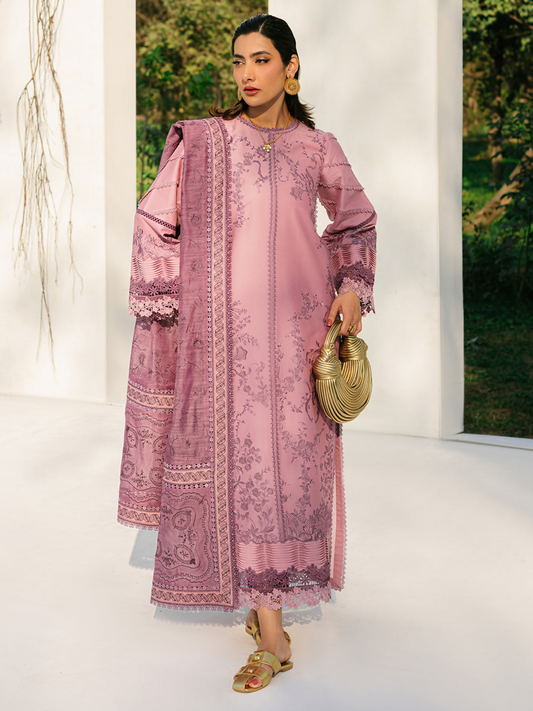 Elegant embroidered lawn suit with cotton trouser and lace-detailed dupatta in soft summer tones