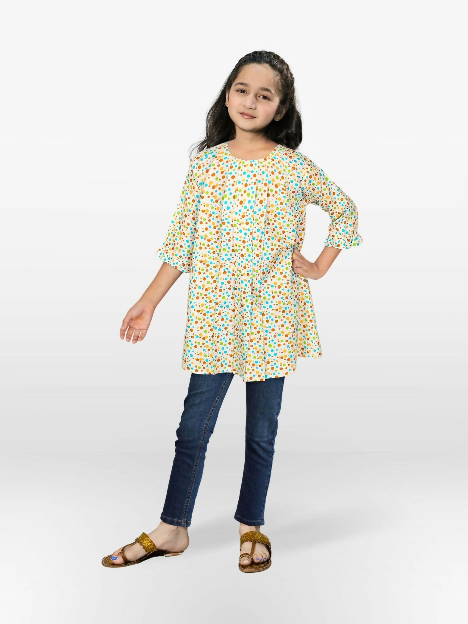 White and Mullti Velvour Girls Printed Stitched Tunic-VG92-B