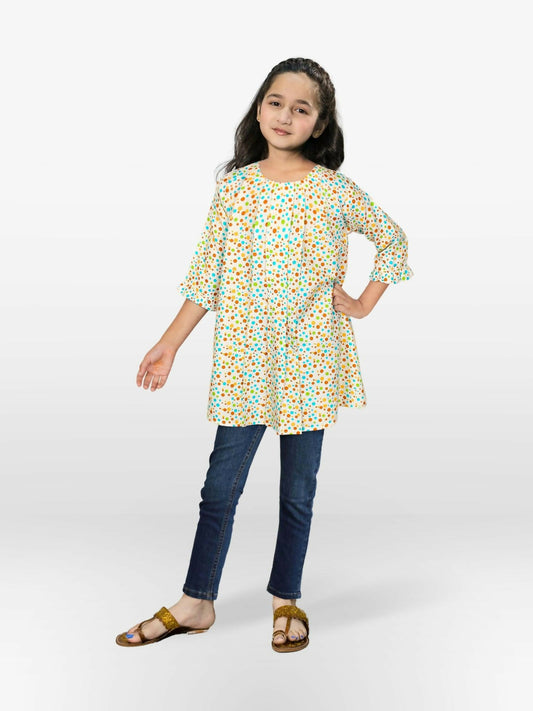White and Mullti Velvour Girls Printed Stitched Tunic-VG92-B