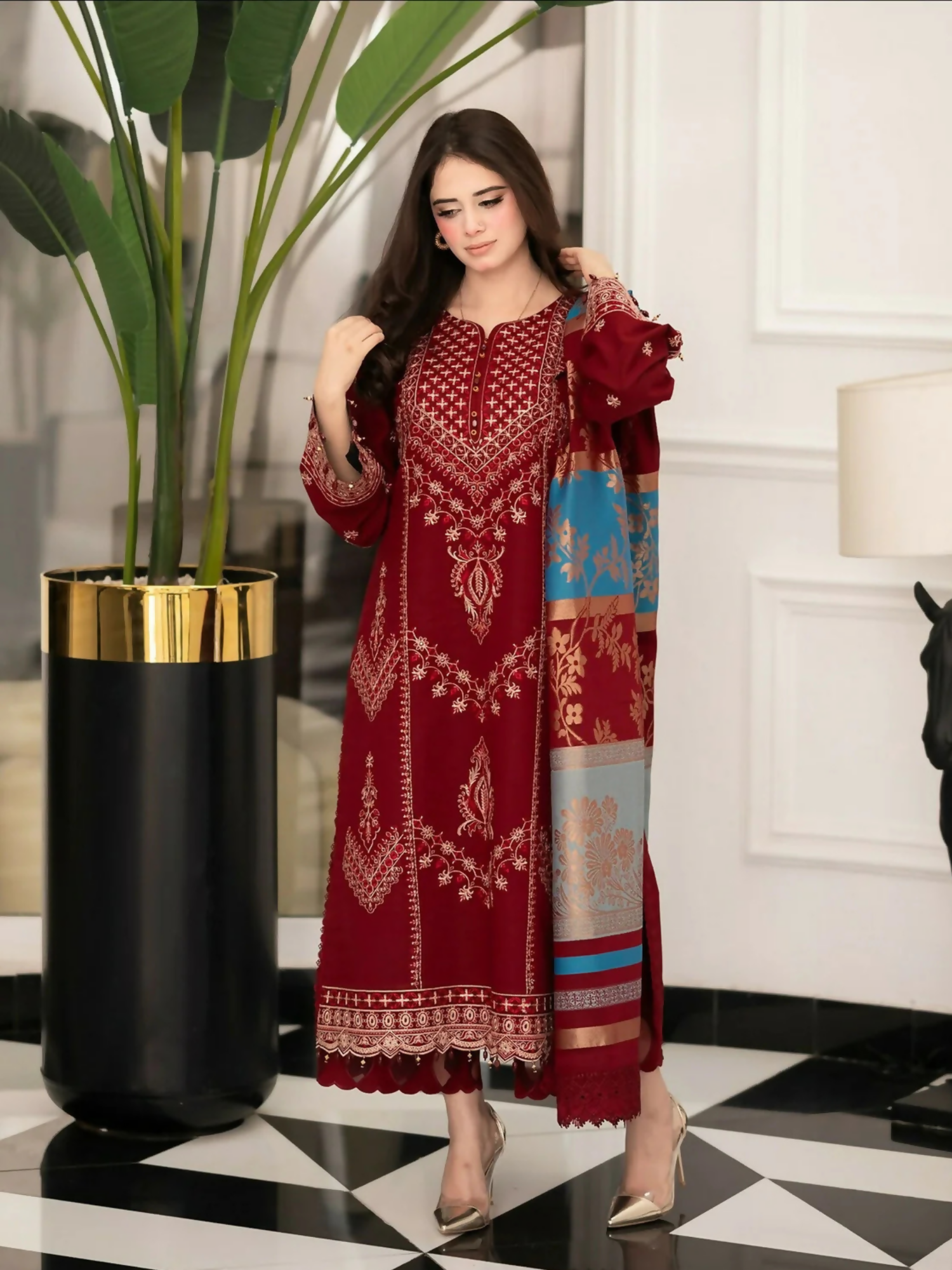 Tawakal Closet Cotton Embroidered Stitched 3-Piece Suit-Haya