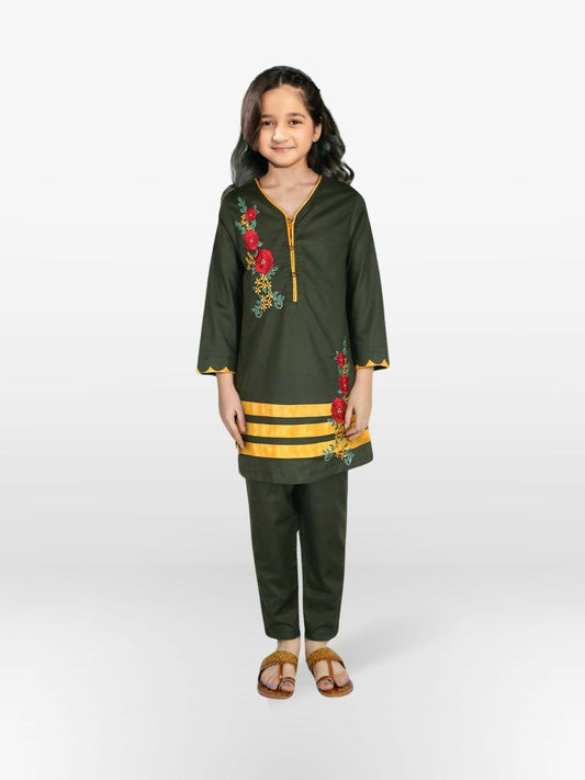 Dark Green Velvour Girls Embroidered Stitched 2-Piece Suit-VG76-C